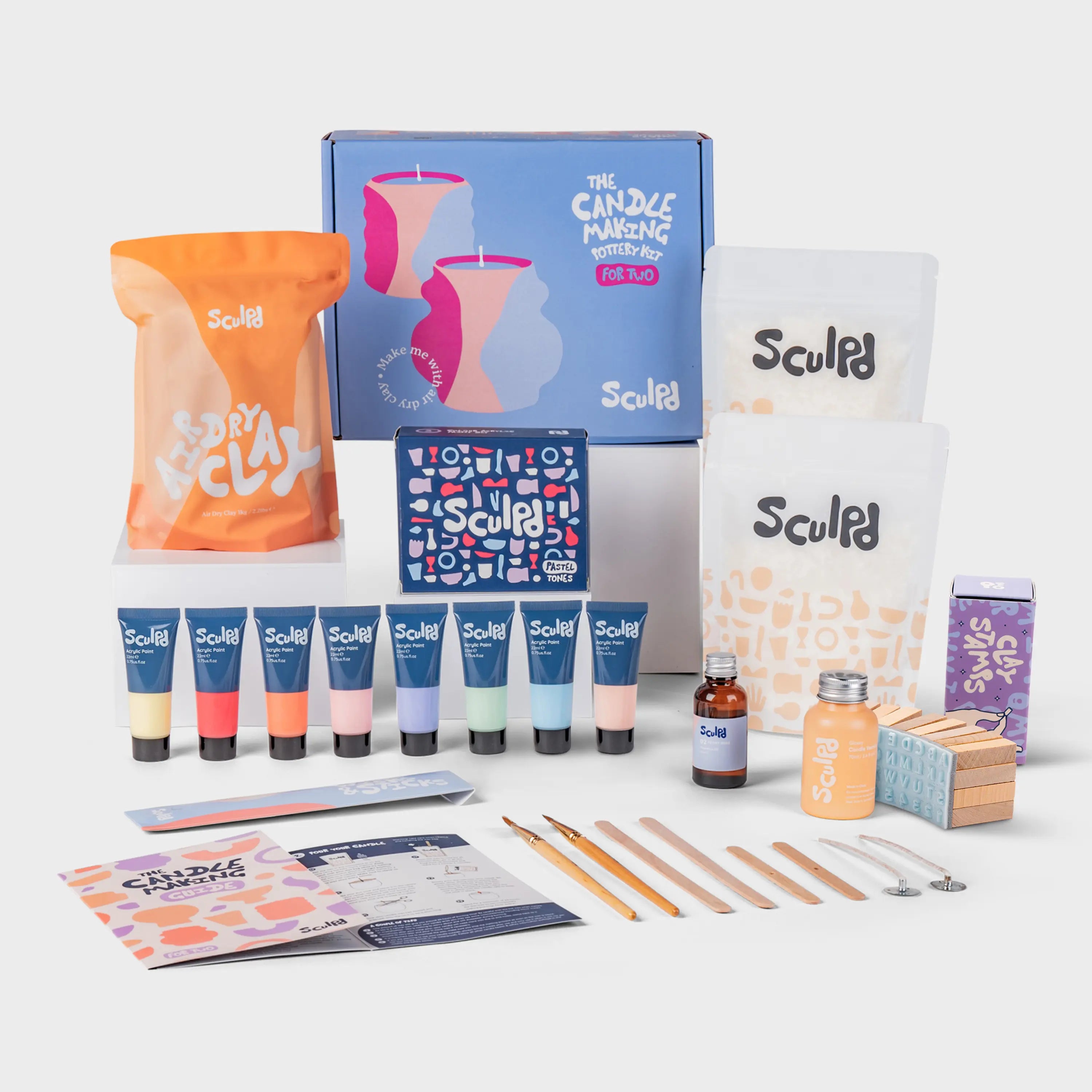 Candle Kit for Two in a Light Blue Box with Pastel Paints and Letter Stamps