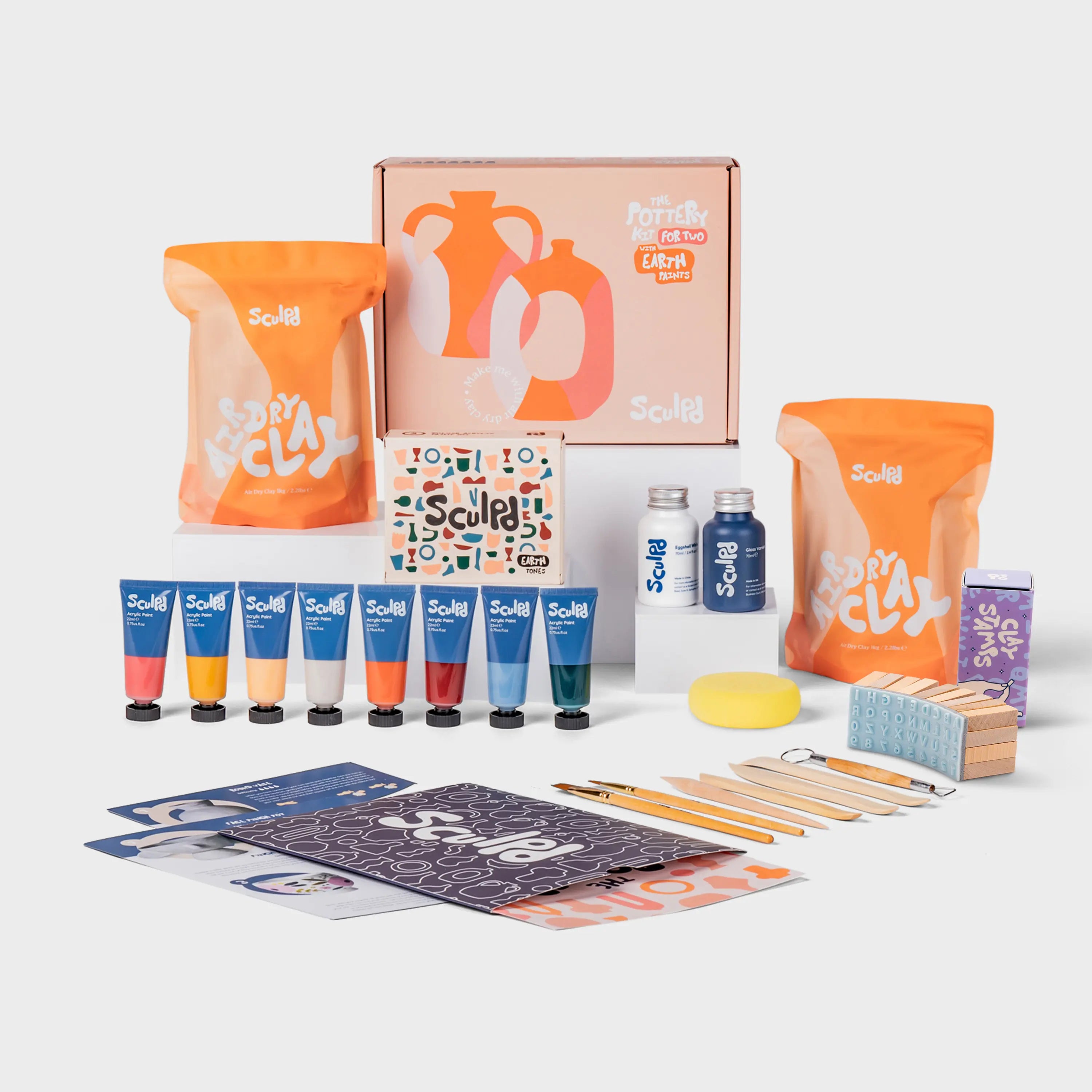 Pottery Kit for Two with Earth Paints and Letter Stamps