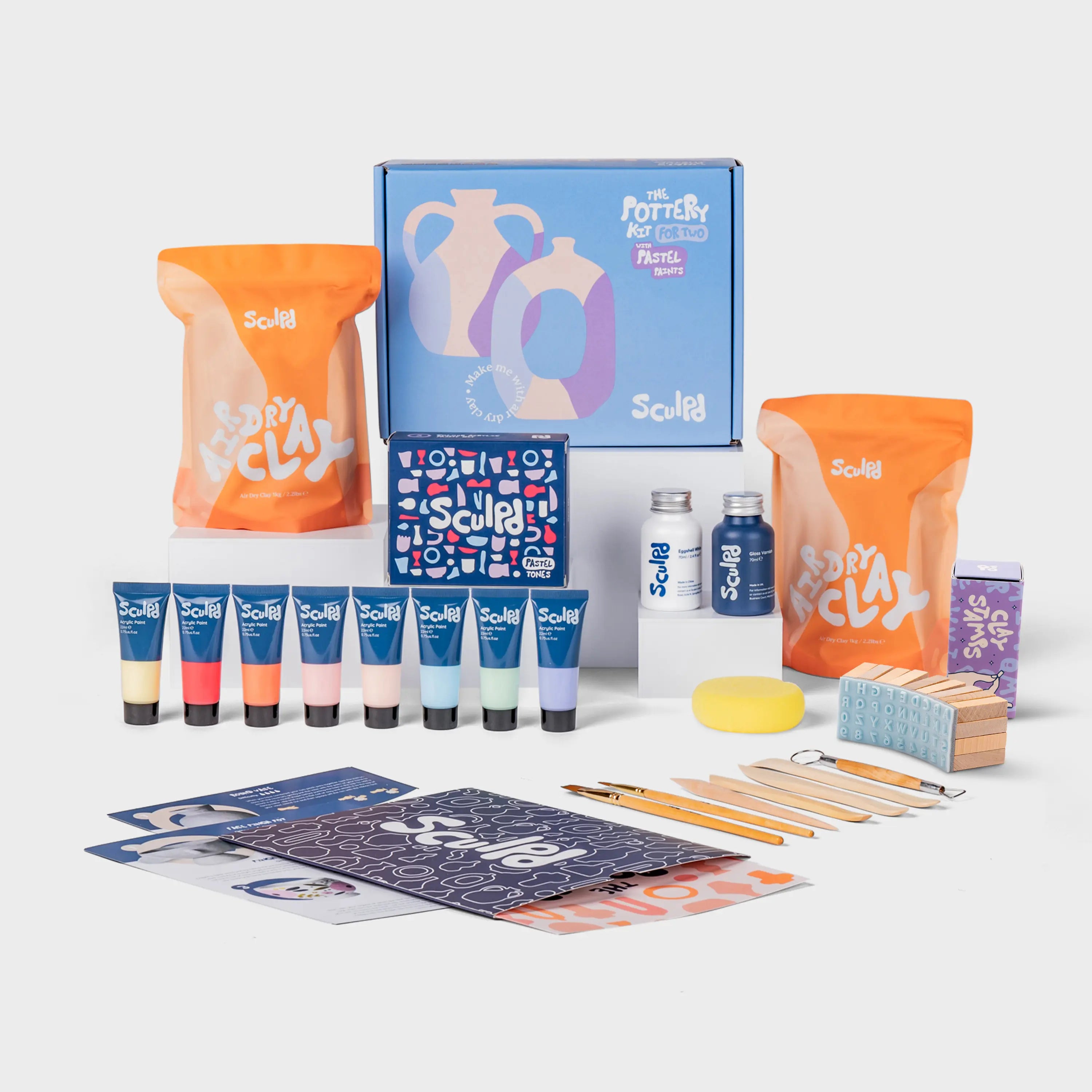 Pottery Kit for Two in Light blue box with Pastel Paints and Letter Stamps