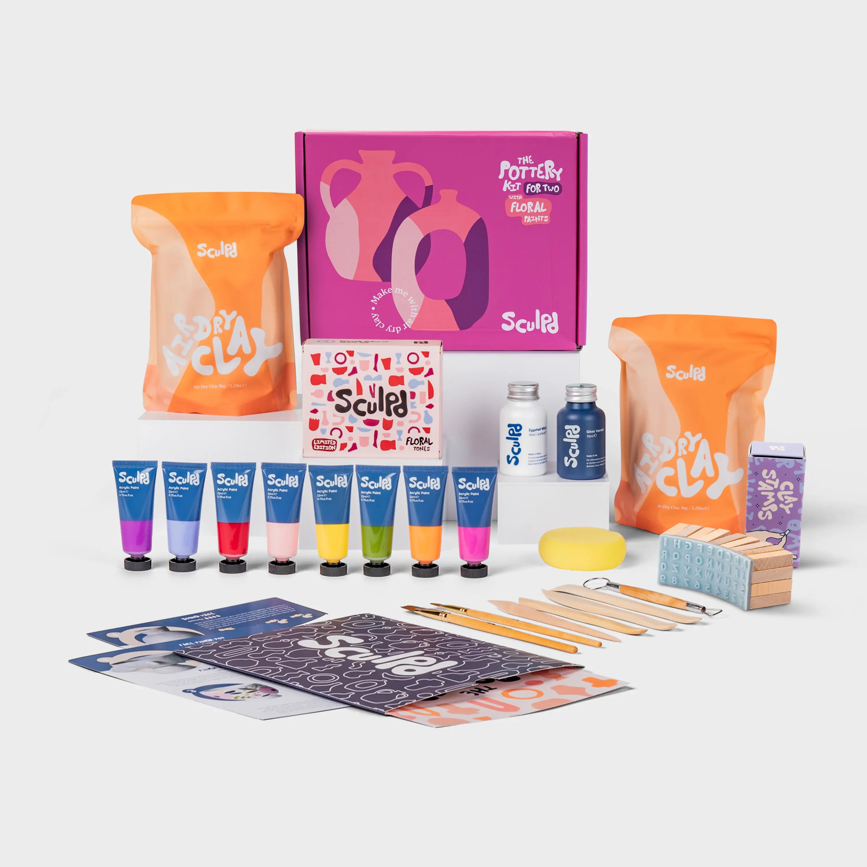 Pottery Kit for Two in Pink Box with Floral Paints and Letter Stamps