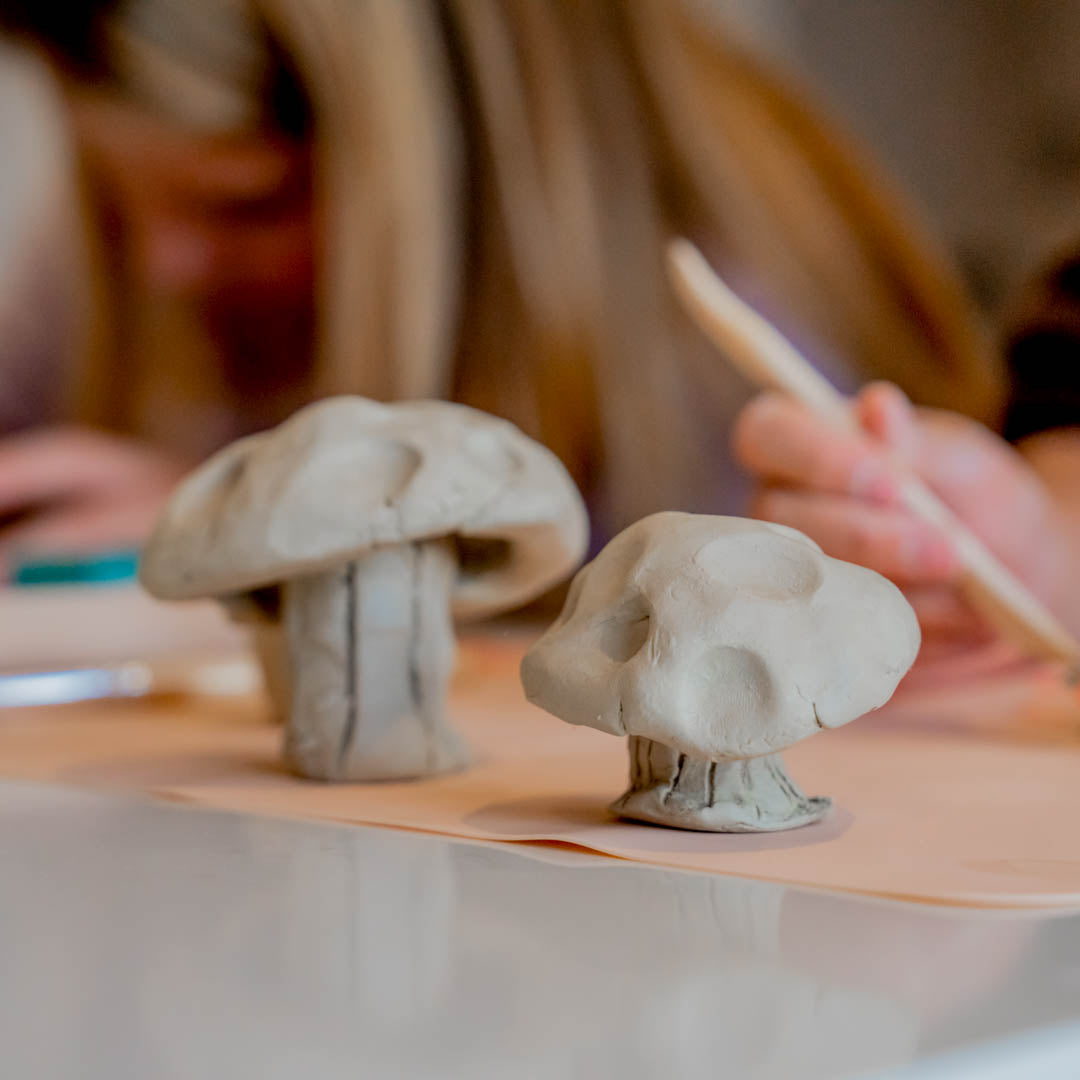 Two clay mushrooms laid out on a table