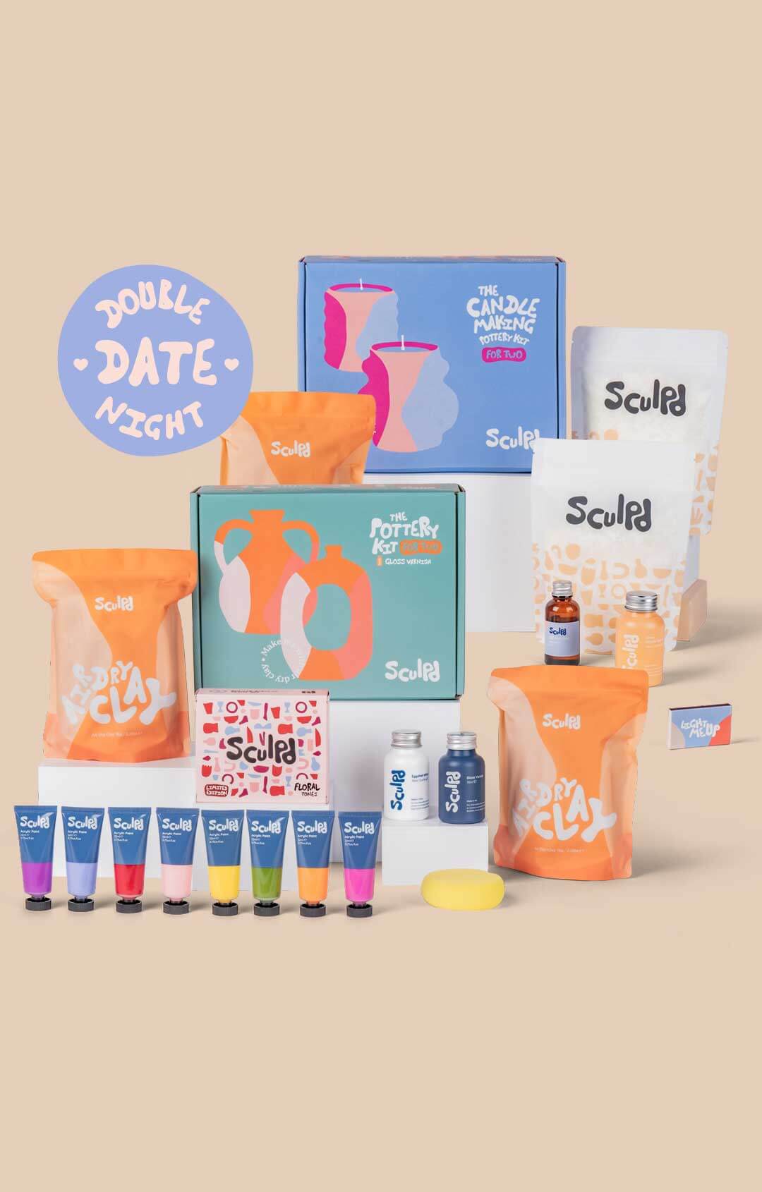 Sculpd Candle Making Kit for Two and Sculpd Pottery Kit for Two with Floral Tones Paint Set for Double Date Night Bundle