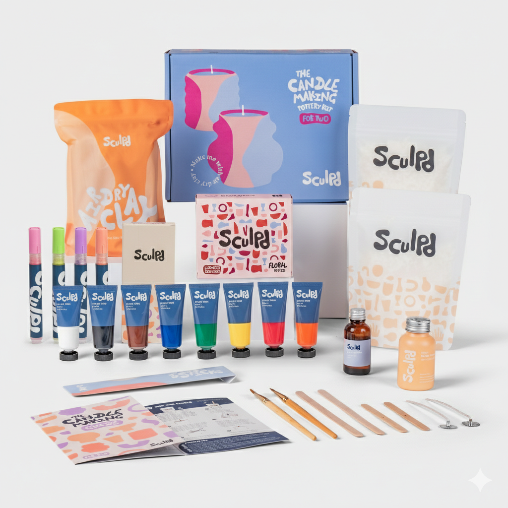 Sculpd pottery kit for two with floral paints, and modernist pens set