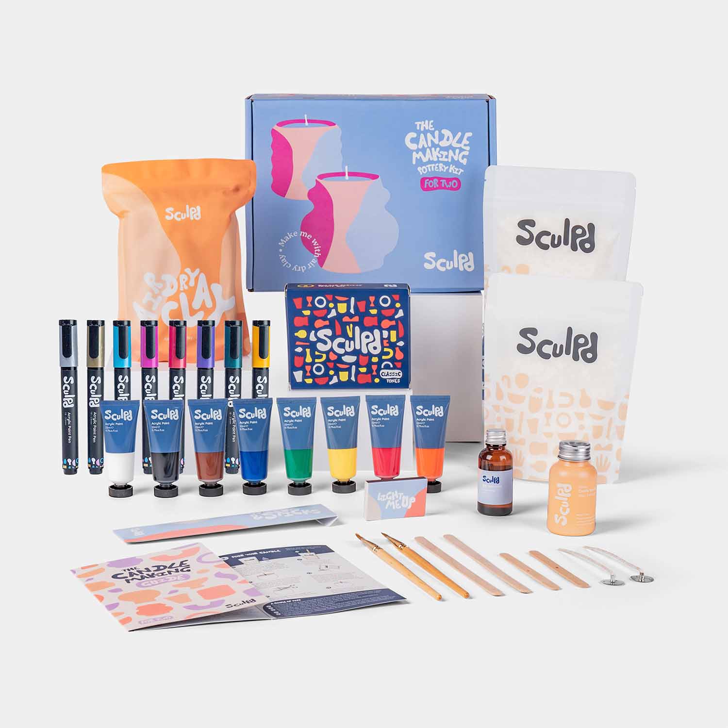Sculpd pottery kit for two with classic paints, and metallic pens set
