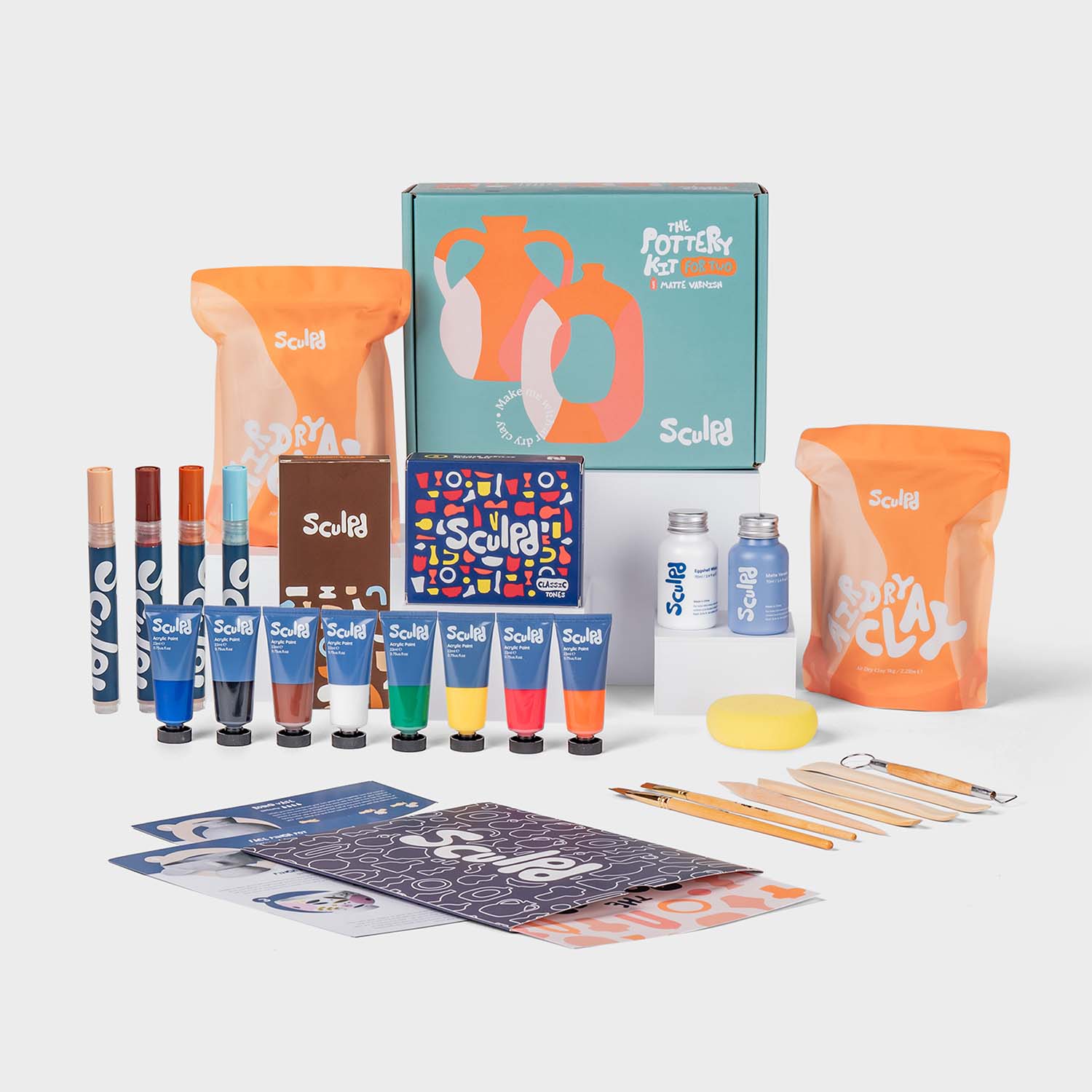 Sculpd pottery kit for two with classic paints, terracotta pens and varnish