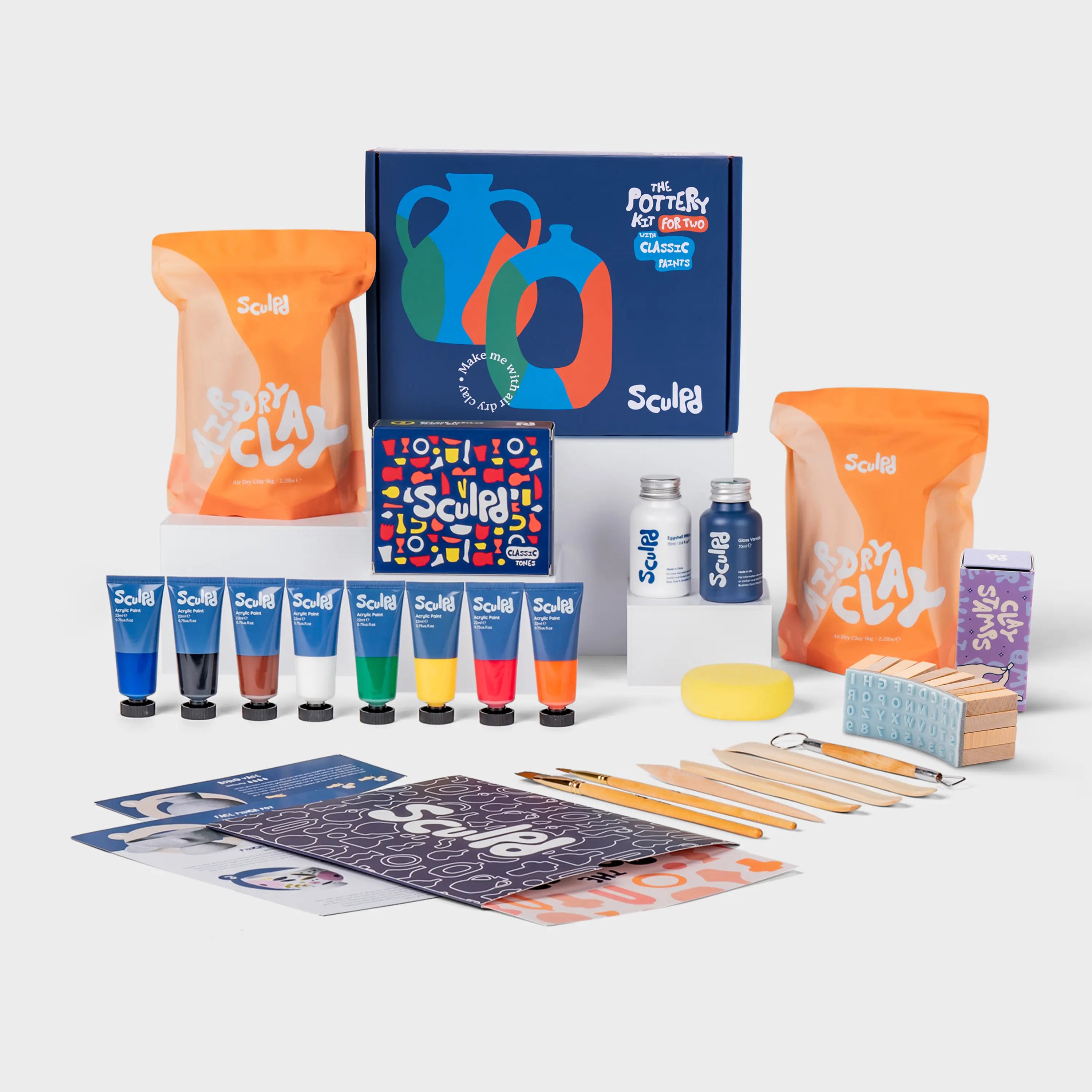 Pottery Kit for Two in Dark Blue Box with Classic Paints and Letter Stamps