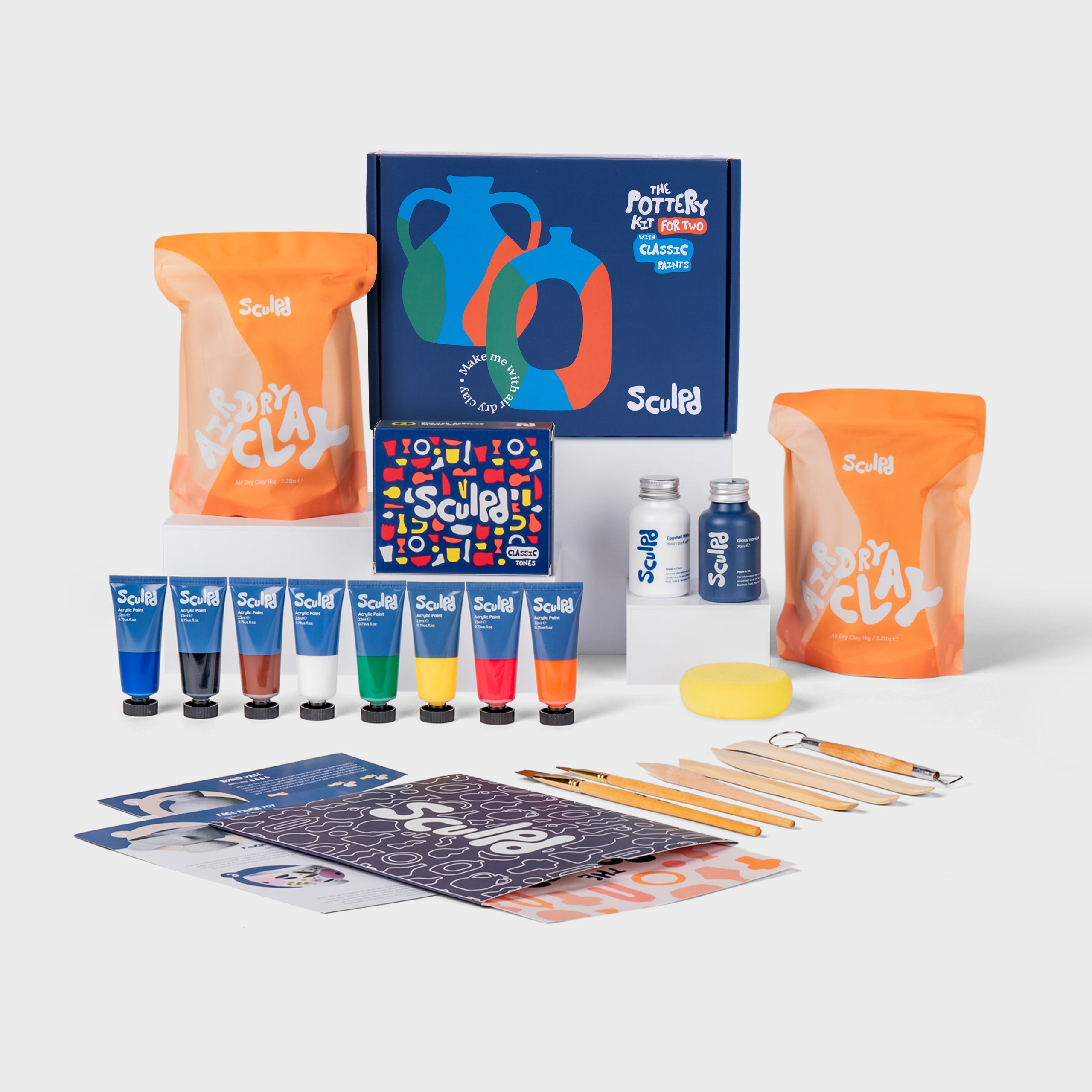 Sculpd pottery kit for two blue box with Classic Tones Paints and Varnishes