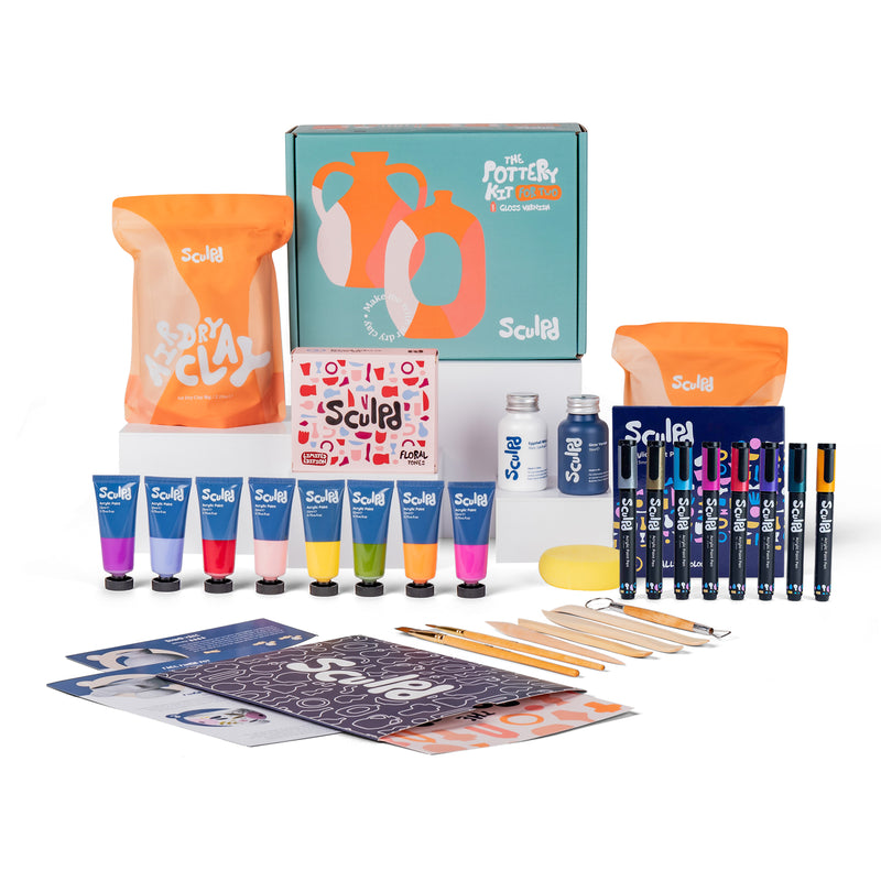Sculpd pottery kit in green box for two with floral paints, and metallic pens set