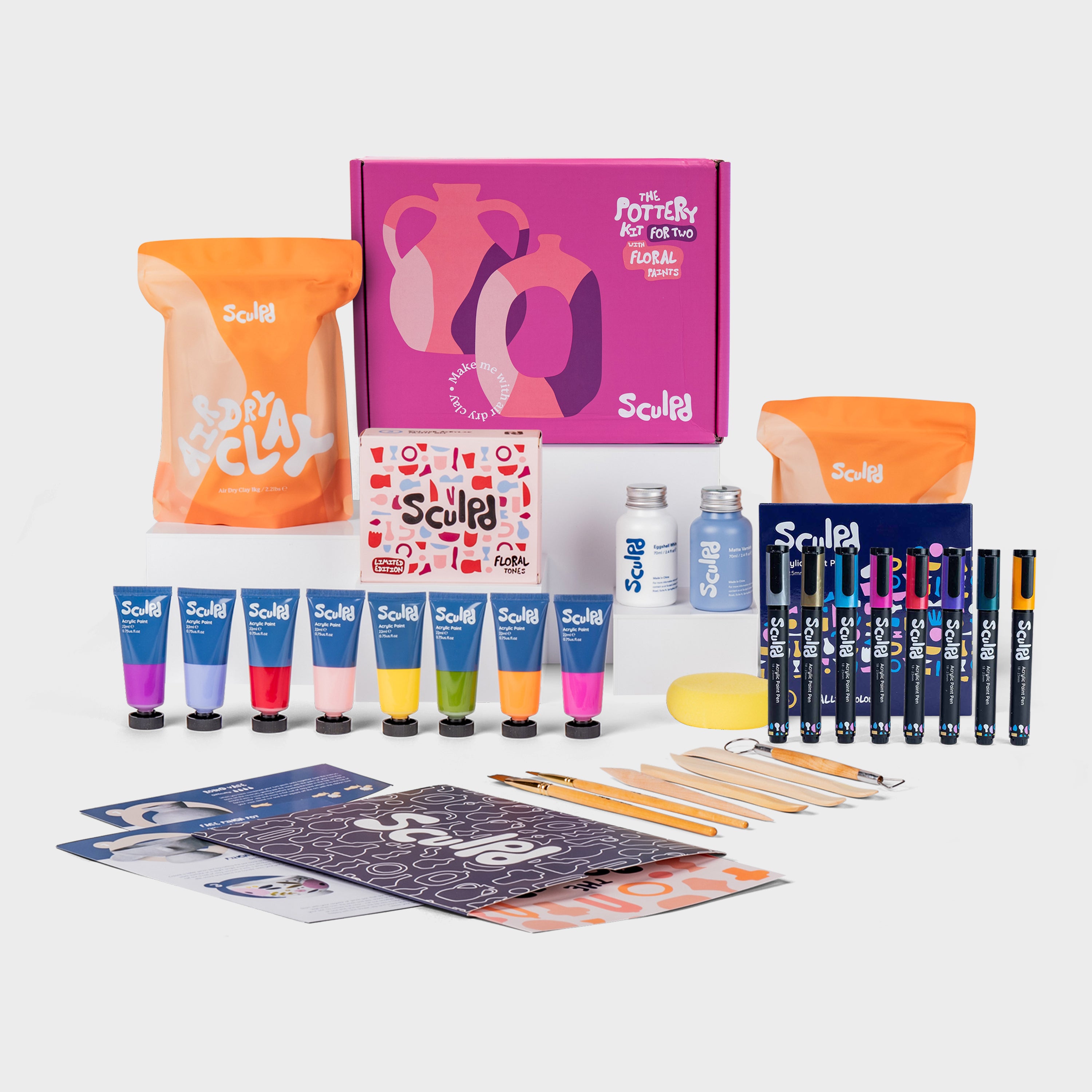 Sculpd pottery kit for two with floral paints, and metallic pens set