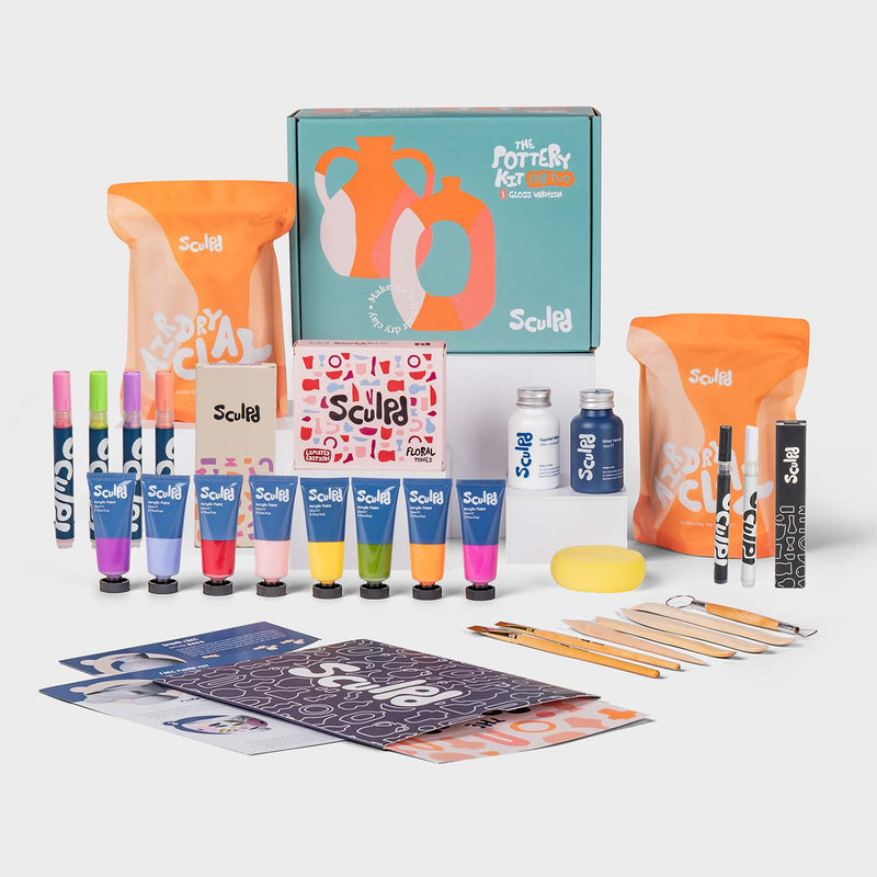 Sculpd Pottery Kit for Two with Floral Tones Paint Set and Modernist Pens