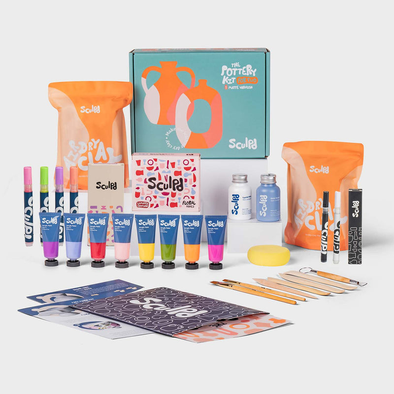 Sculpd Pottery Kit for Two with Floral Tones Paint Set and Modernist Pens