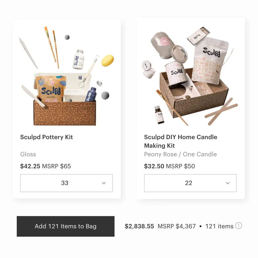 Faire Landing Page featuring Sculpd Pottery Kit and Sculpd Candle Making Kit